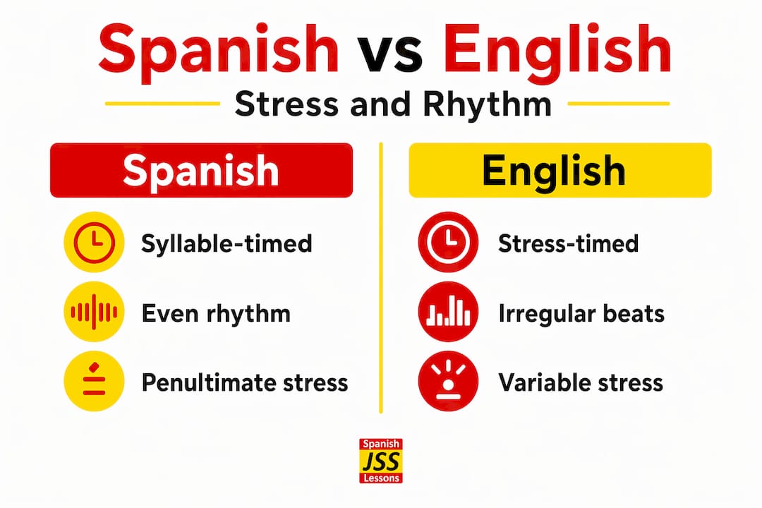 Infographic comparing Spanish and English stress patterns