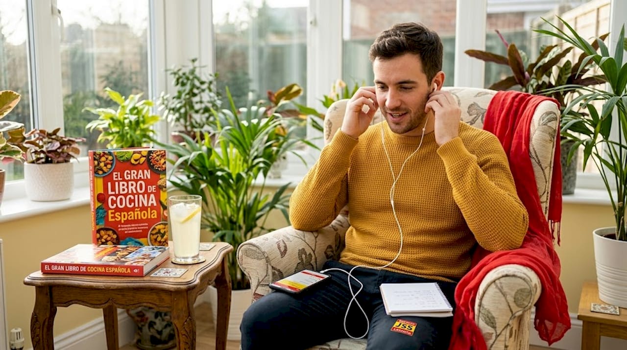 Man practices Spanish by repeating podcast at home