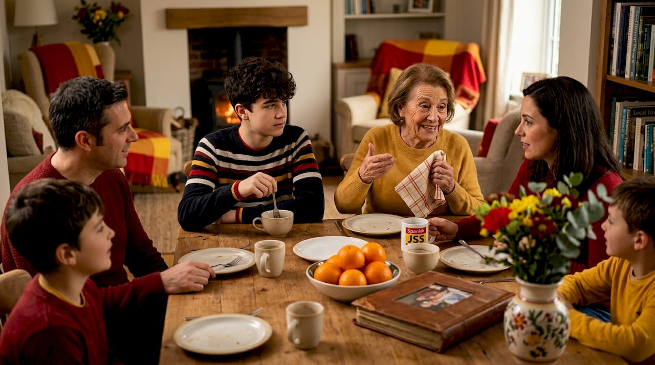 Spanish family enjoying sobremesa at home