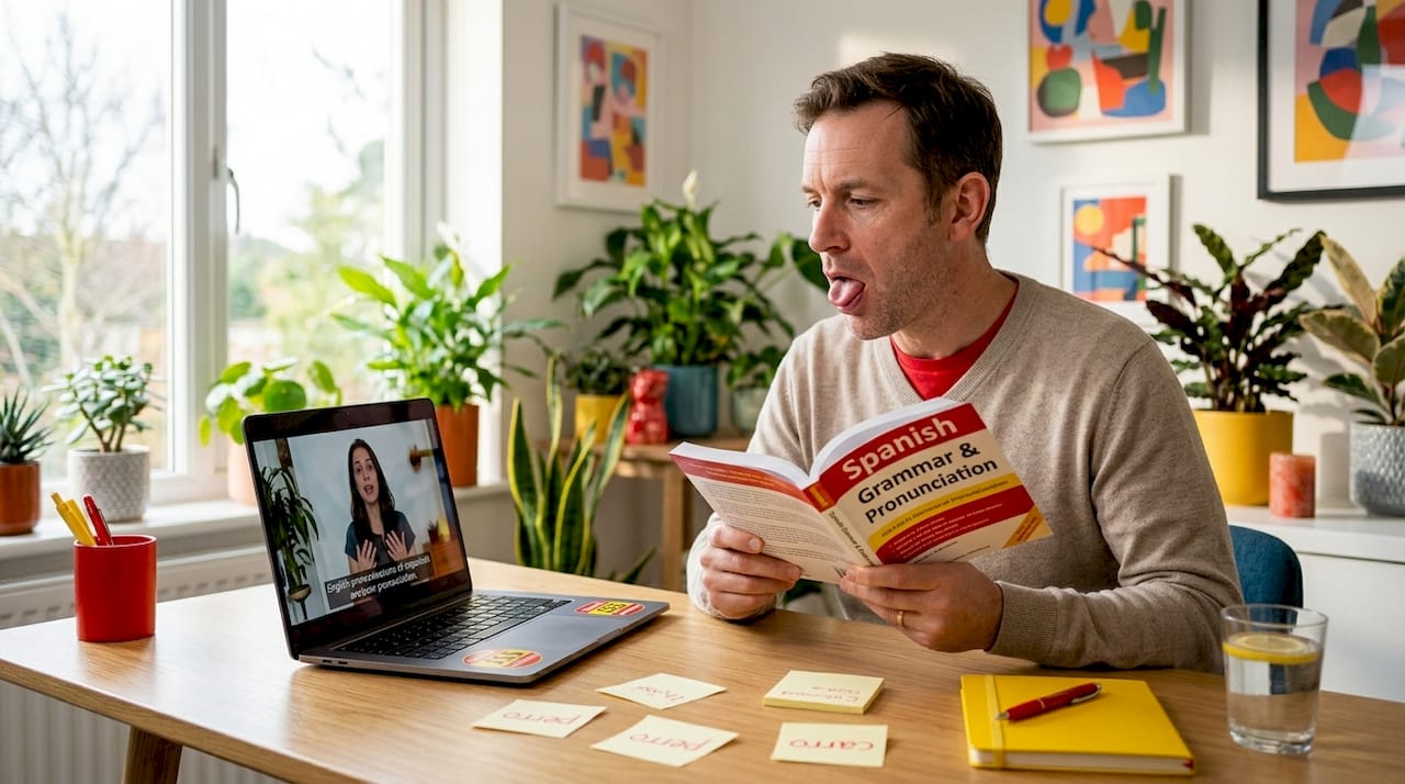 Man practicing Spanish r sound in living room