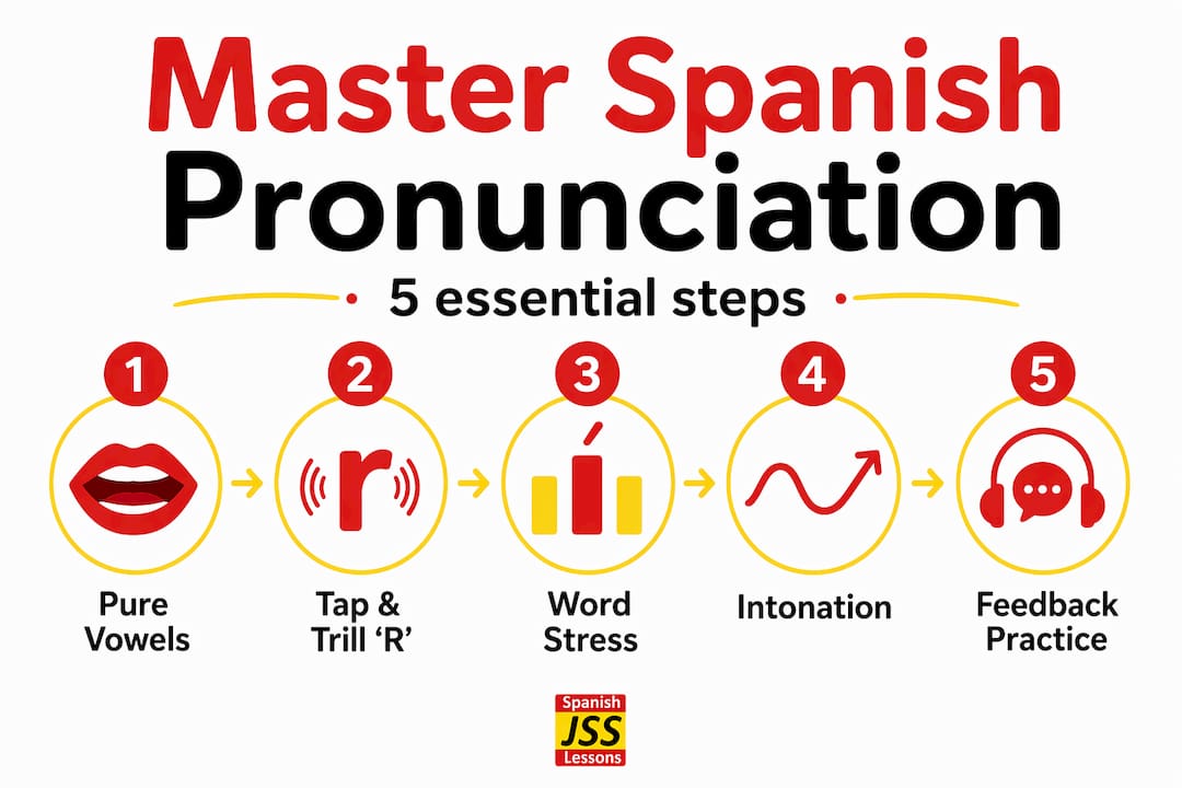 Infographic showing five steps to Spanish pronunciation mastery