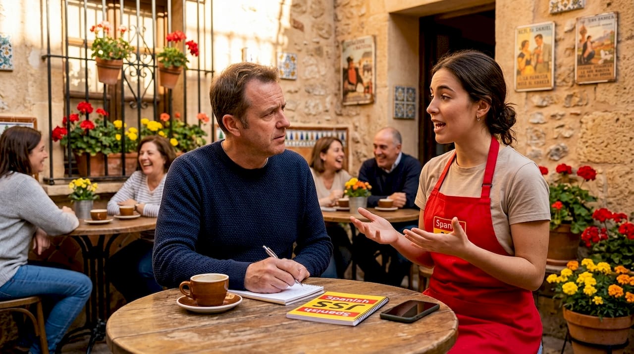 Man listens to Spanish in café
