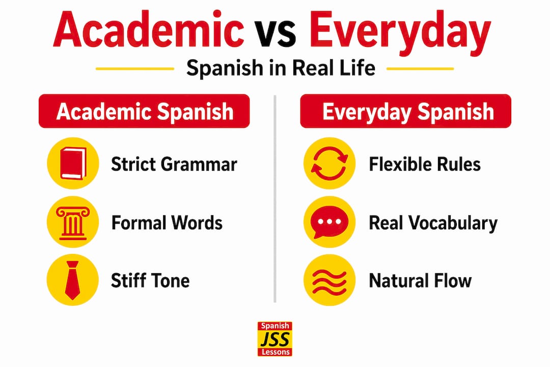 Infographic comparing academic and everyday Spanish features