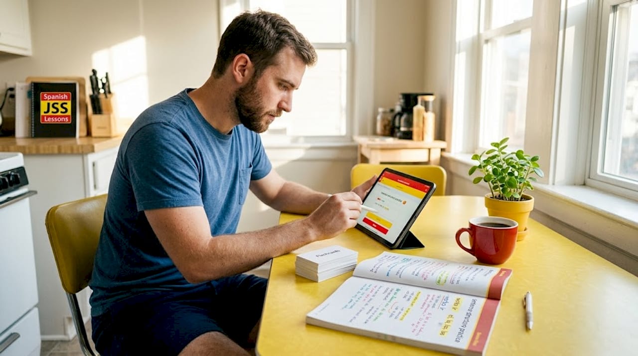 Man practicing Spanish grammar in living room