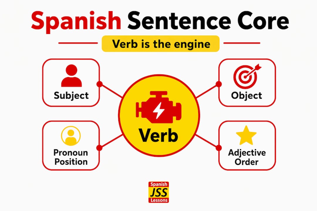 Infographic showing verb as core of Spanish structure