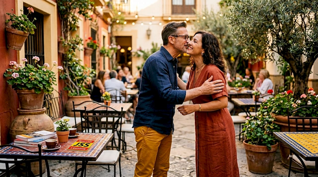 Two Spaniards exchanging traditional kiss greeting