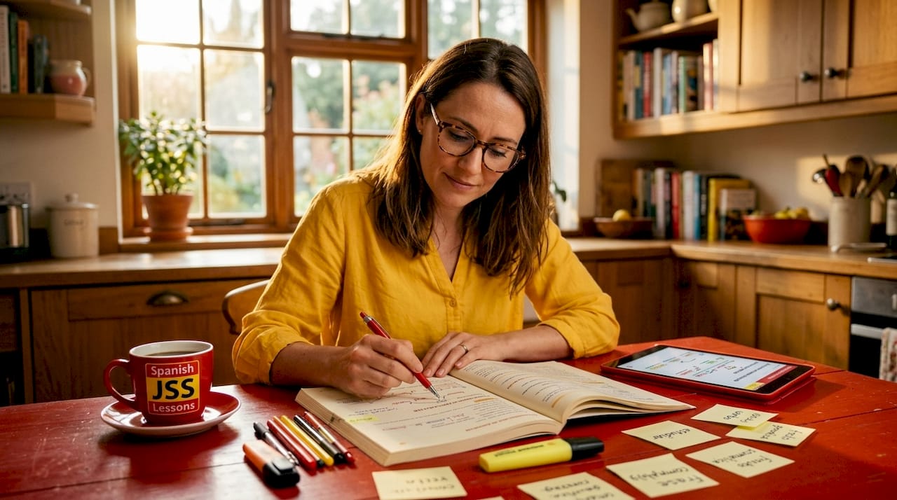 Learner practicing Spanish sentence structure at kitchen table