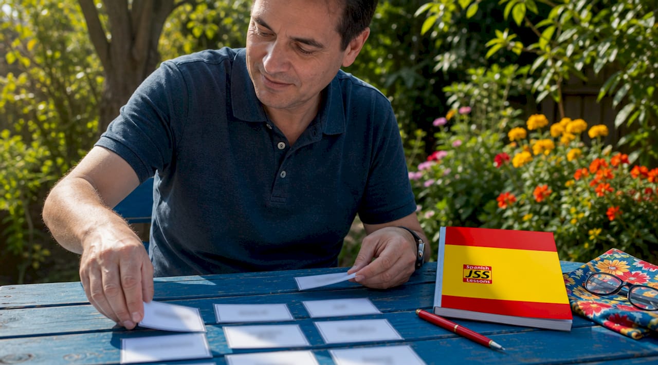 Hands sorting bilingual Spanish-English flashcards on table