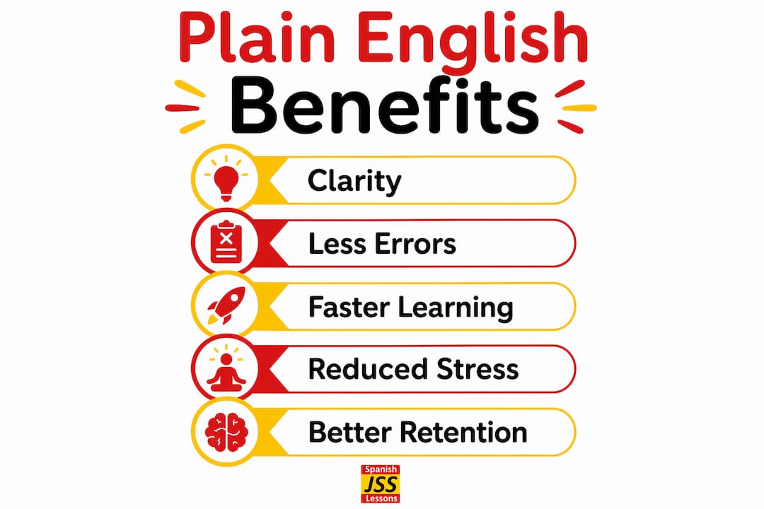Infographic illustrating plain English benefits for Spanish learners