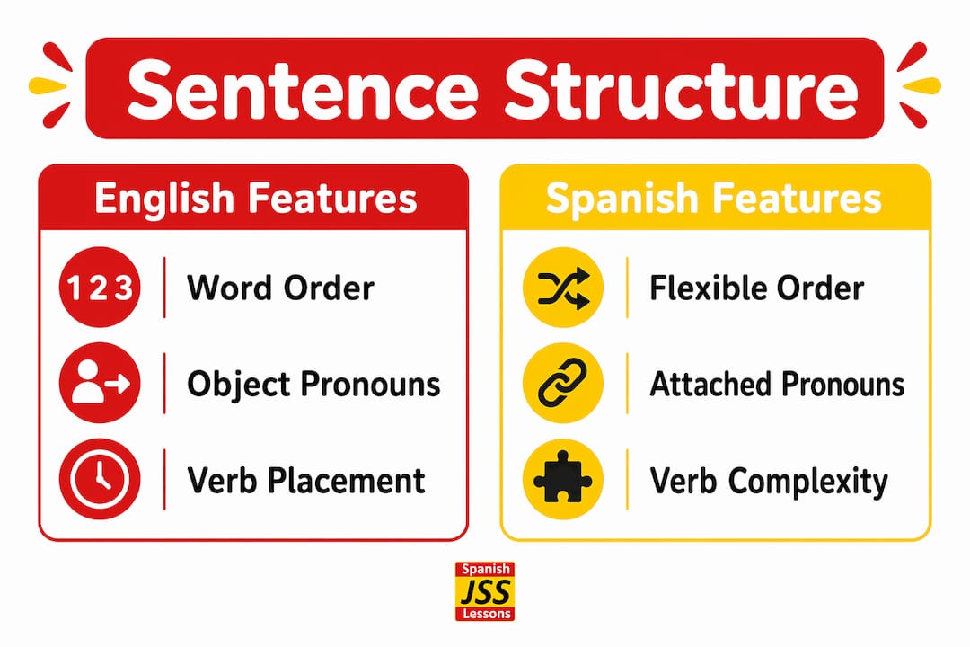 Infographic comparing Spanish and English sentence structures