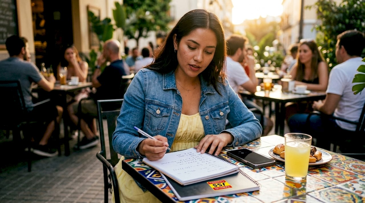 Student practicing Spanish phonetics at café