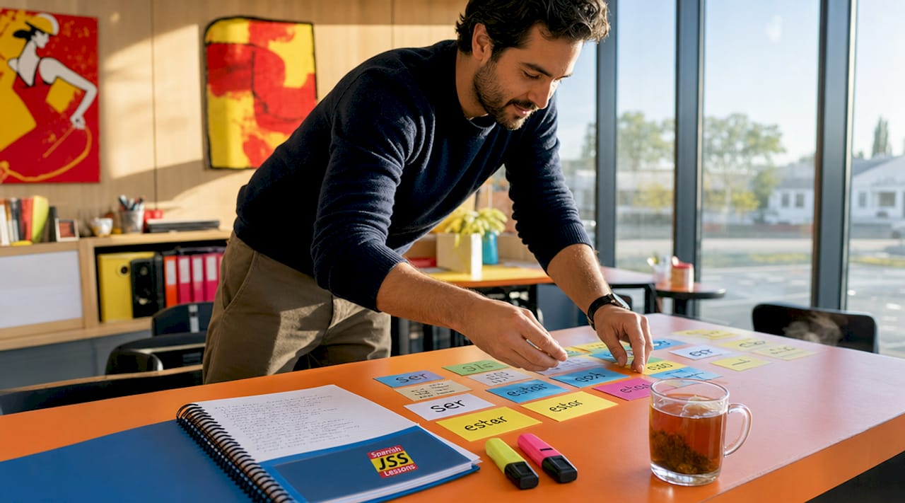 Teacher's hands with ser and estar flashcards