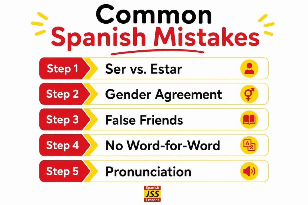 Infographic showing top 5 Spanish mistakes steps