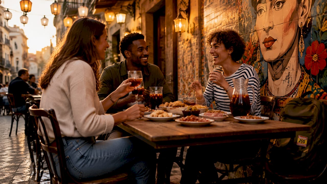 Group enjoying social conversation at Spanish café table.