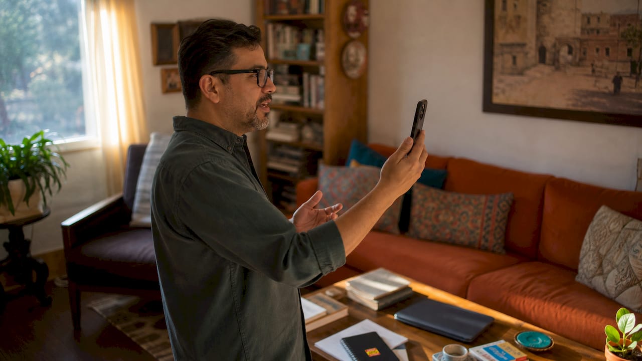Man recording spoken language practice at home
