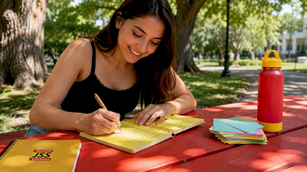 Close-up learner writing Spanish accent marks