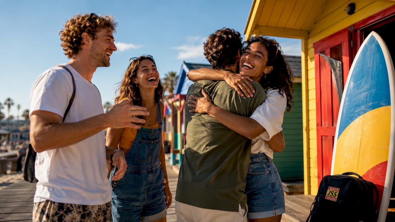 Group greeting with cheek kisses outdoors