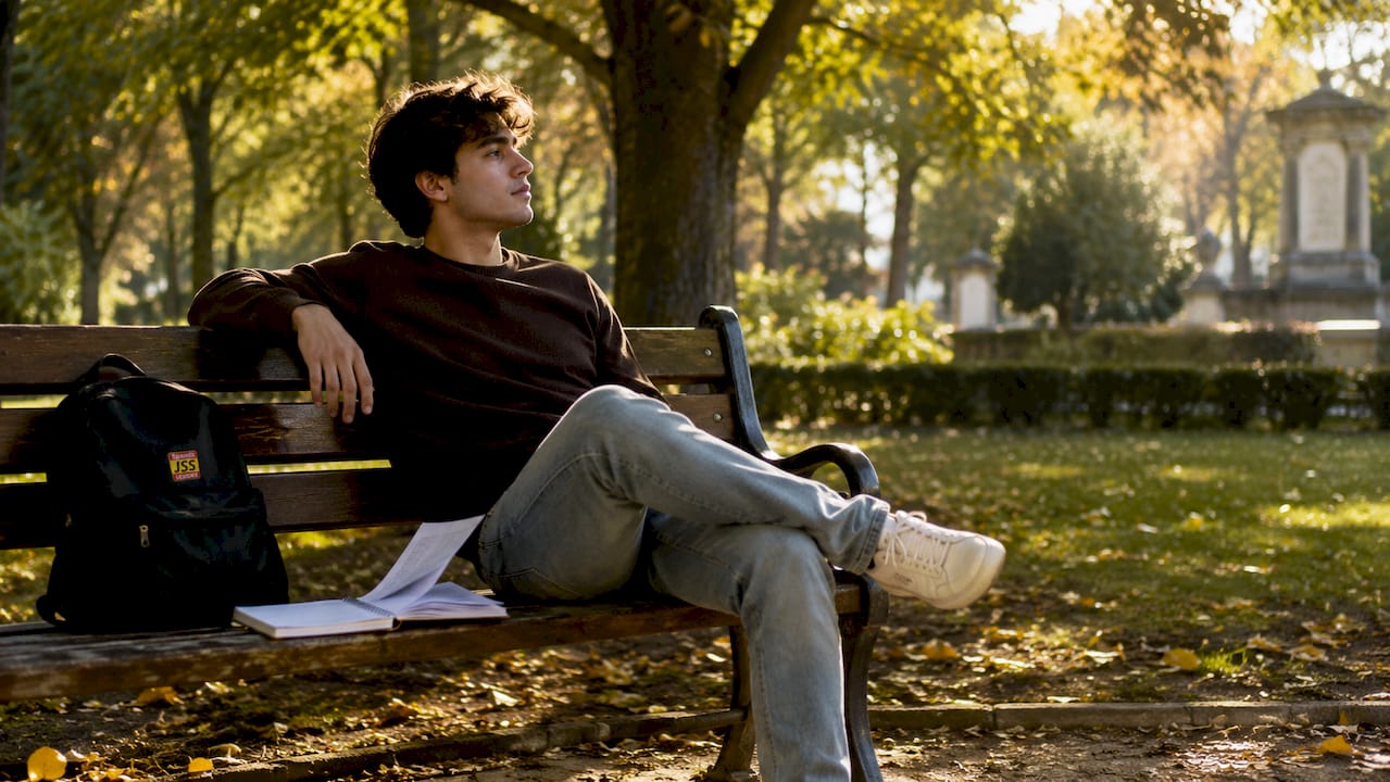 Man daydreaming in cafƩ with notebook