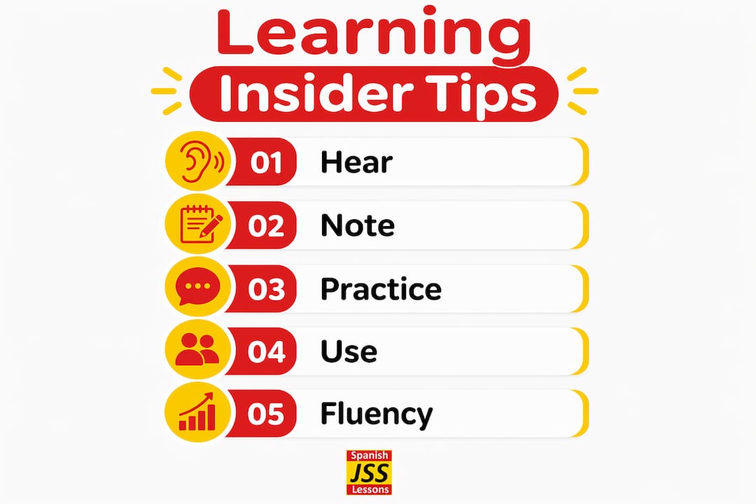 Infographic showing steps to learn insider Spanish tips