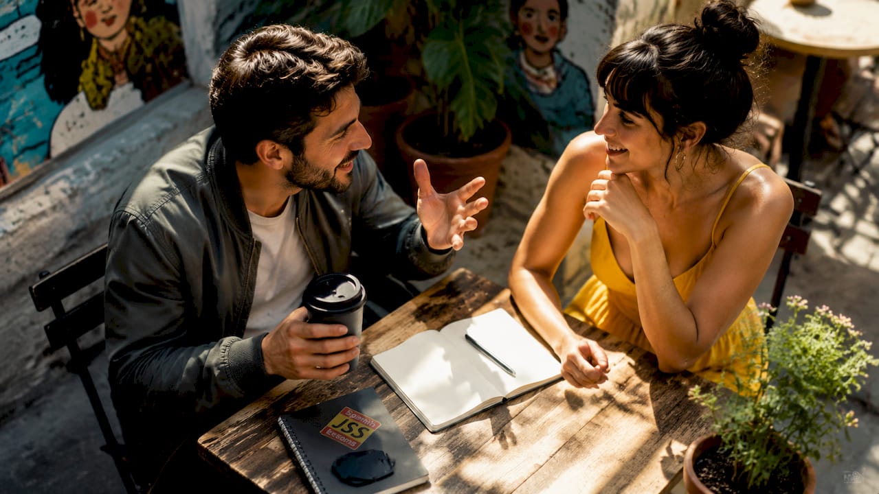Friends using Spanish colloquial expressions outdoors