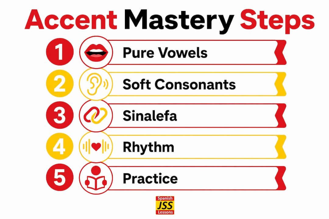 Infographic illustrating steps to master Spanish accent