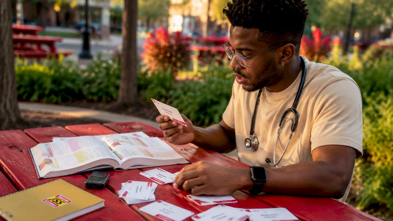 Healthcare worker practicing Spanish medical phrases at desk