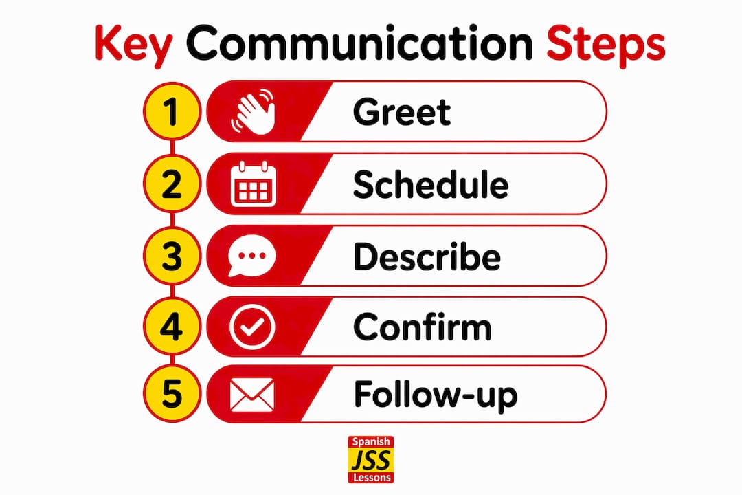 Infographic showing key steps for communicating with Spanish tradesmen