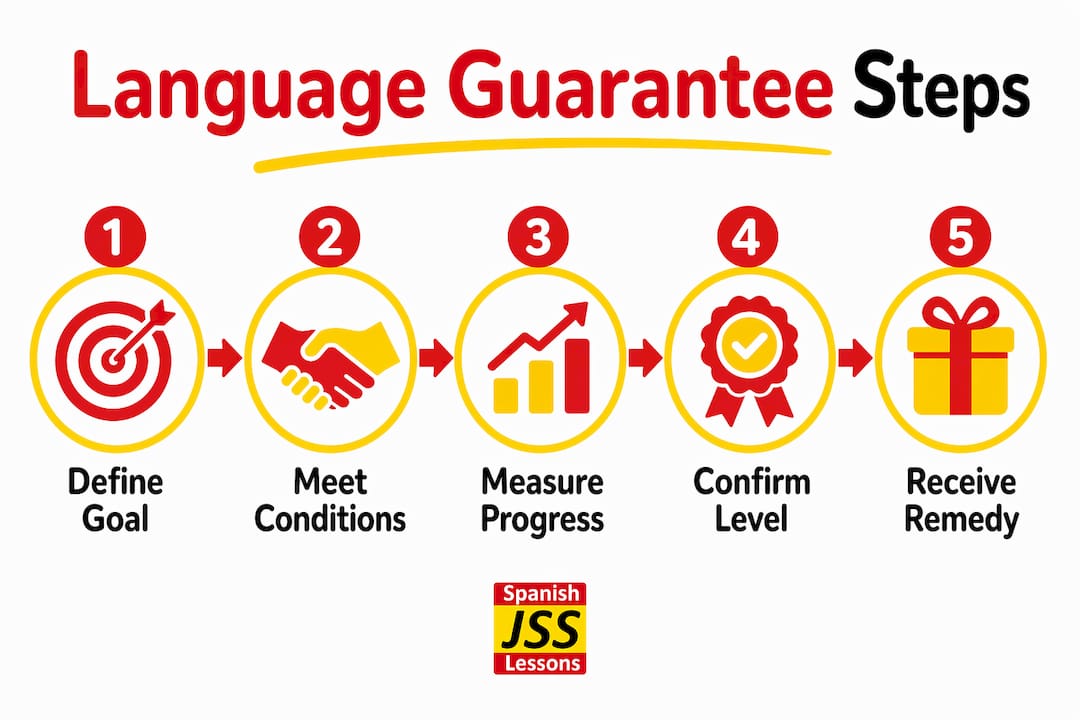 Infographic detailing language learning guarantee steps