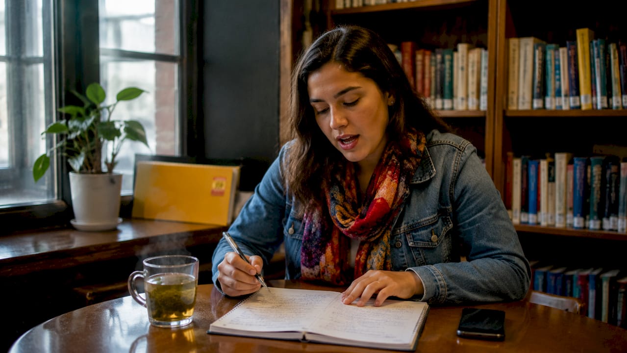 Woman practicing Spanish customer service phrases in cafƩ