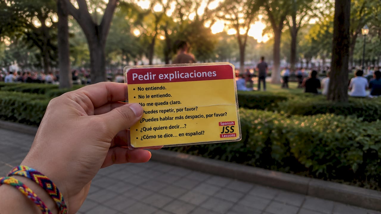 Hand holding Spanish phrases wallet card in cafƩ