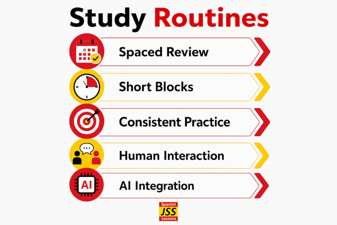 Infographic showing optimized study routines for language learning