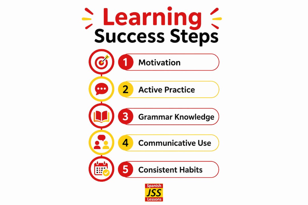 Infographic illustrating key steps in adult language learning success