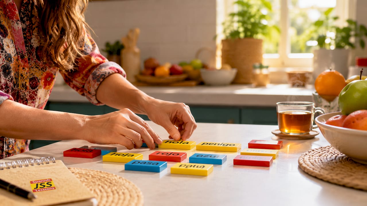 Hands manipulating Spanish word order tiles