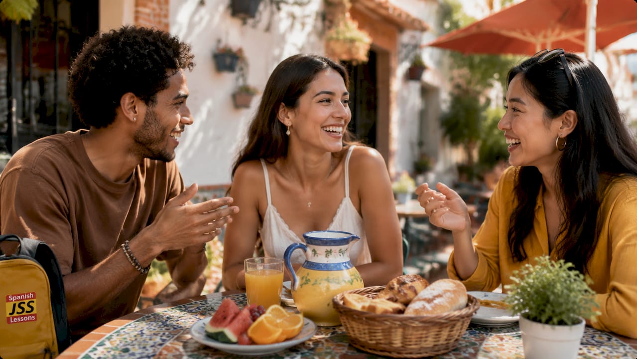 People practicing informal Spanish greetings by café table