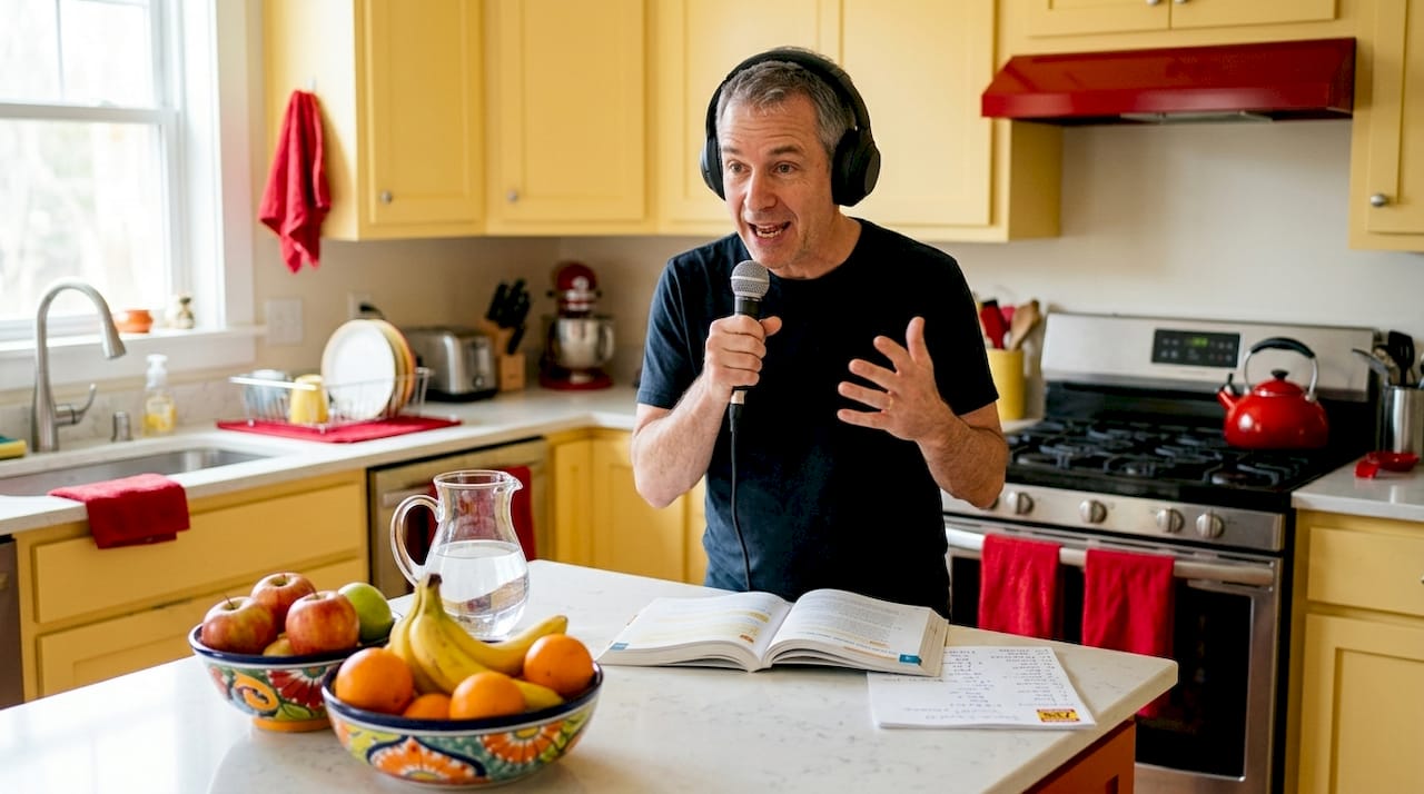 Man practicing speaking European Spanish with headset at desk