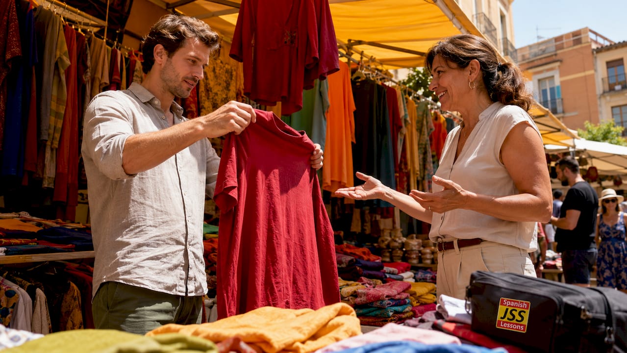 Man checking shirt size and color in Spanish boutique