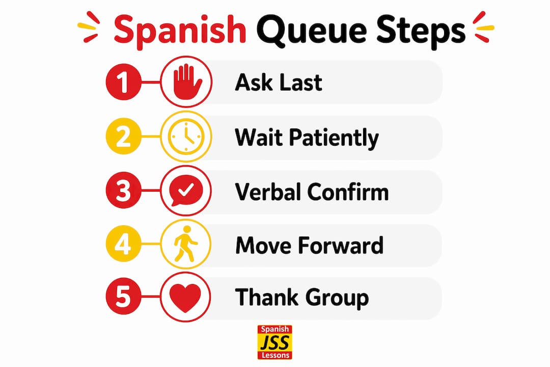 Infographic outlining steps of Spanish queuing etiquette