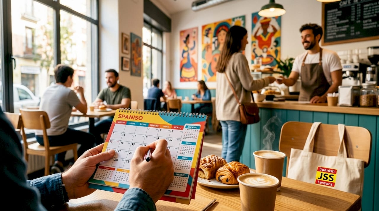 Hands writing Spanish appointment date on calendar
