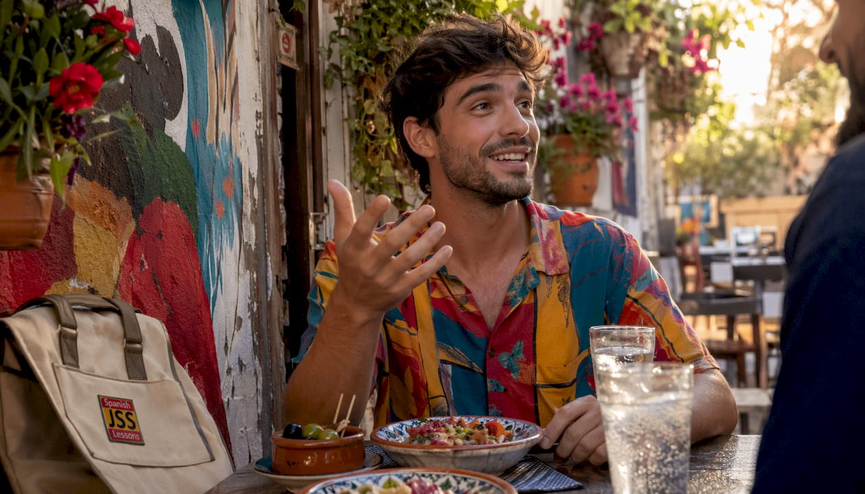Spanish man smiling and gesturing during conversation