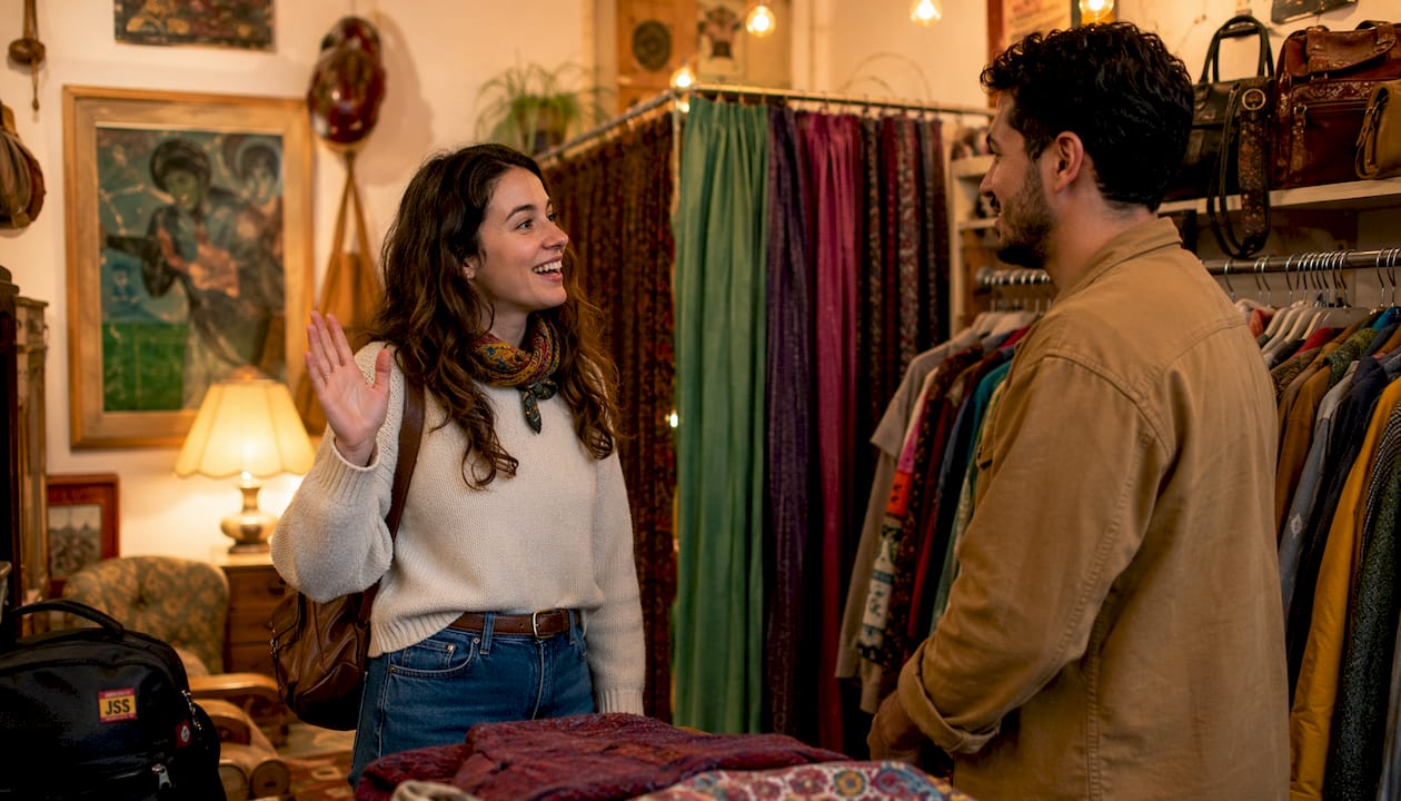 Customer and shop assistant exchanging polite greetings