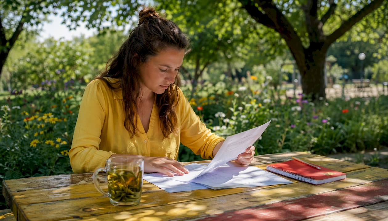 Woman studying Spanish social etiquette at home desk