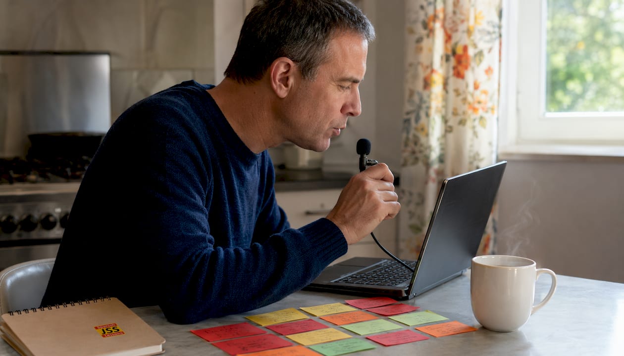 Man practicing Spanish pronunciation at home