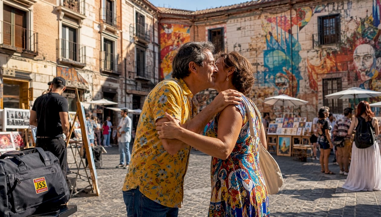 Two people exchanging dos besos greeting outdoors