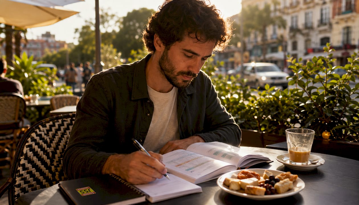 Hands writing Spanish grammar notes in café