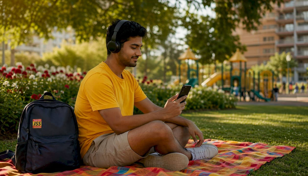 Person using language app outdoors on smartphone