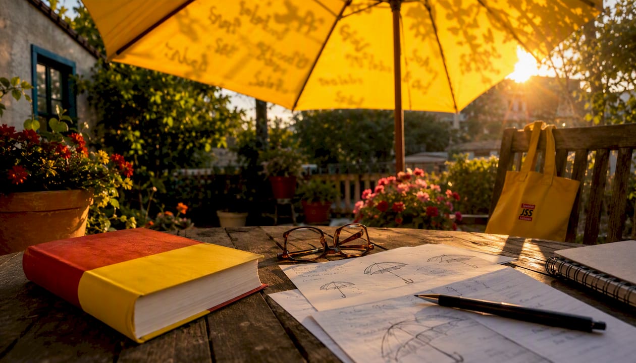 Overhead view of yellow umbrella with study materials