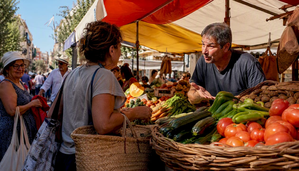 Spanish outdoor market in action at afternoon