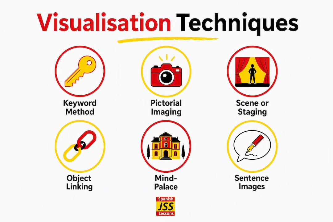 Infographic of six Spanish vocabulary visualisation techniques