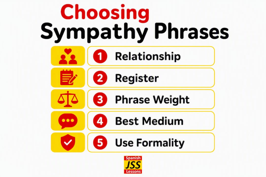 Infographic showing how to choose sympathy phrases in Spanish