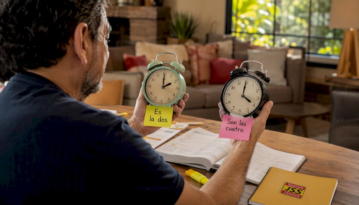Hands holding clocks showing singular and plural Spanish time